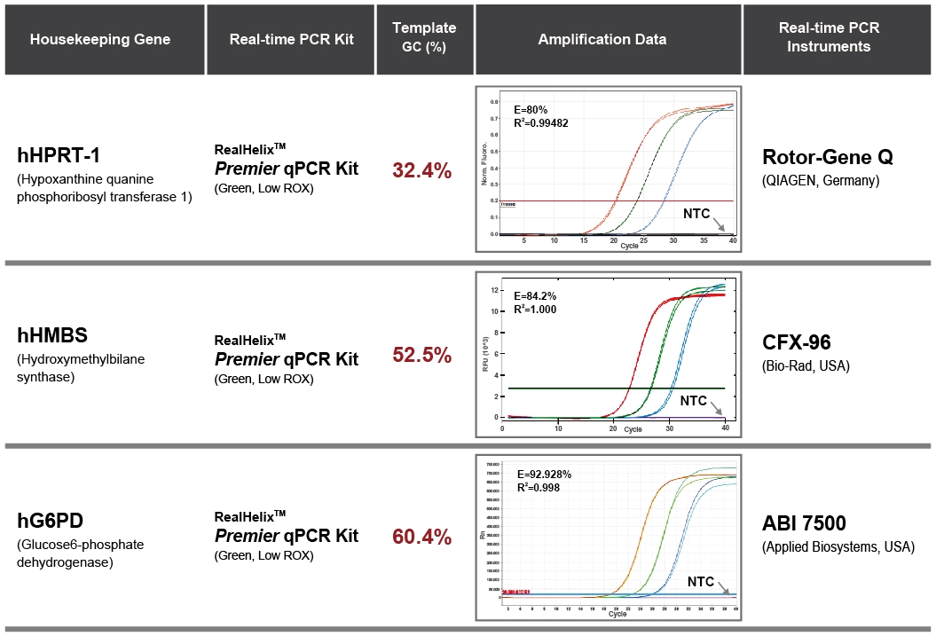PQ_Figure 2. Amplification of target DNA with various G+C contents using RealHelix™ Premier qPCR Kit [Green, Low ROX].