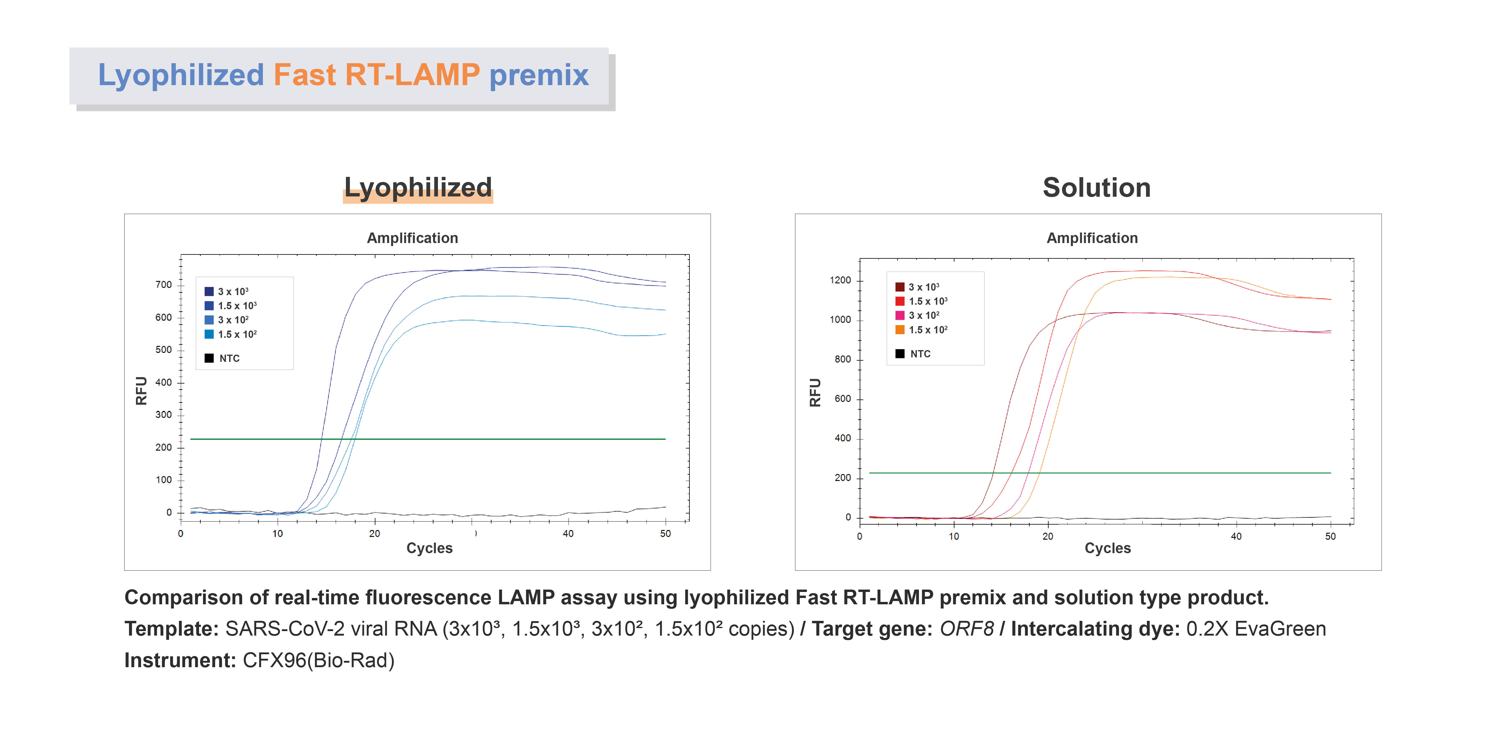 LFRLP_Figure. Comparison of real-time fluorescence LAMP assay using lyophilized Fast RT-LAMP premix and solution type product.
